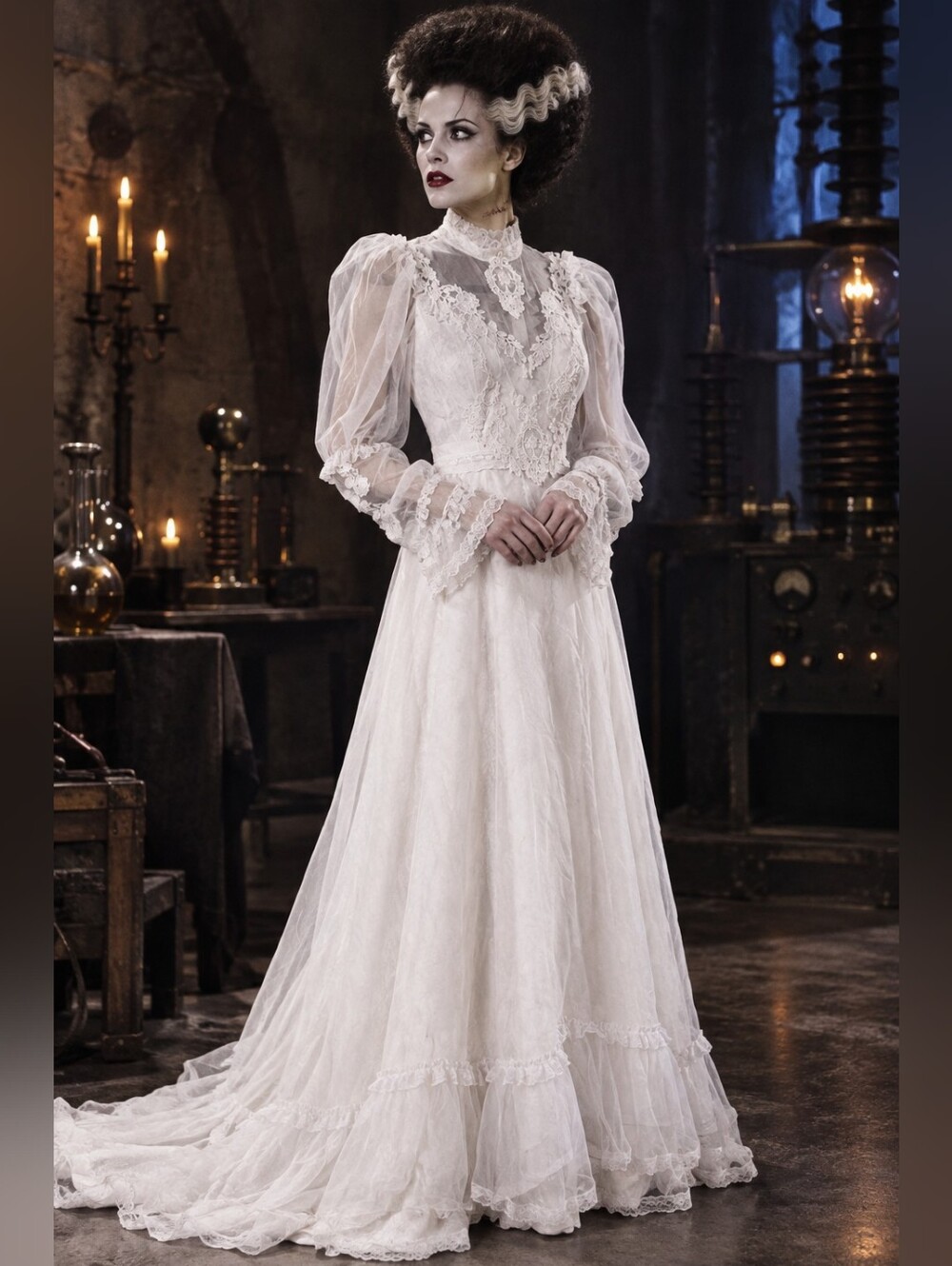 Vintage White Lace Long Sleeve Bridal Dress Sz S Halloween Or Wedding!